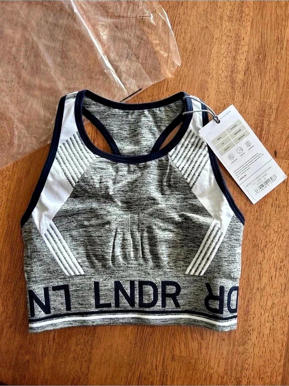 LNDR Aero Sports Bra in Gray Marl with Navy and White, Size S/M NWT
